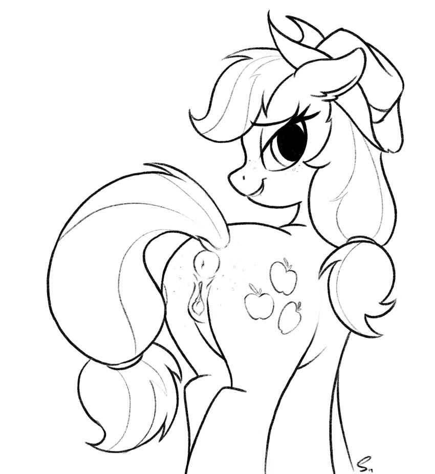 2019 absurd_res anus applejack_(mlp) black_and_white butt clothing cutie_mark earth_pony equid equine eyelashes female feral friendship_is_magic hat headgear headwear hi_res horse looking_at_viewer mammal monochrome my_little_pony pony pussy selenophile smile solo