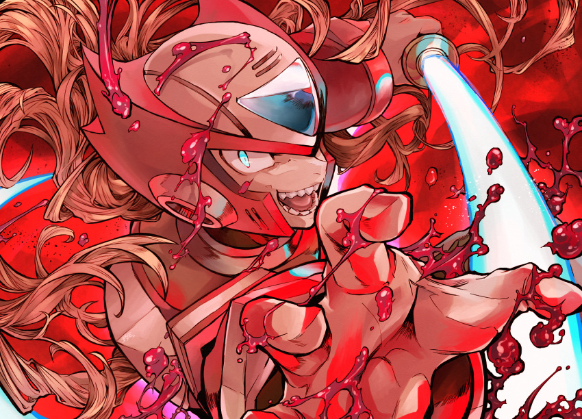 1boy android blonde_hair blue_eyes capcom crazy_eyes crazy_smile energy_sword graphite_(medium) helmet holding holding_weapon kuwagata_mura lightsaber long_hair male_focus millipen_(medium) open_mouth red_background rockman rockman_x sharp_teeth solo sword teeth traditional_media weapon zero_(rockman)