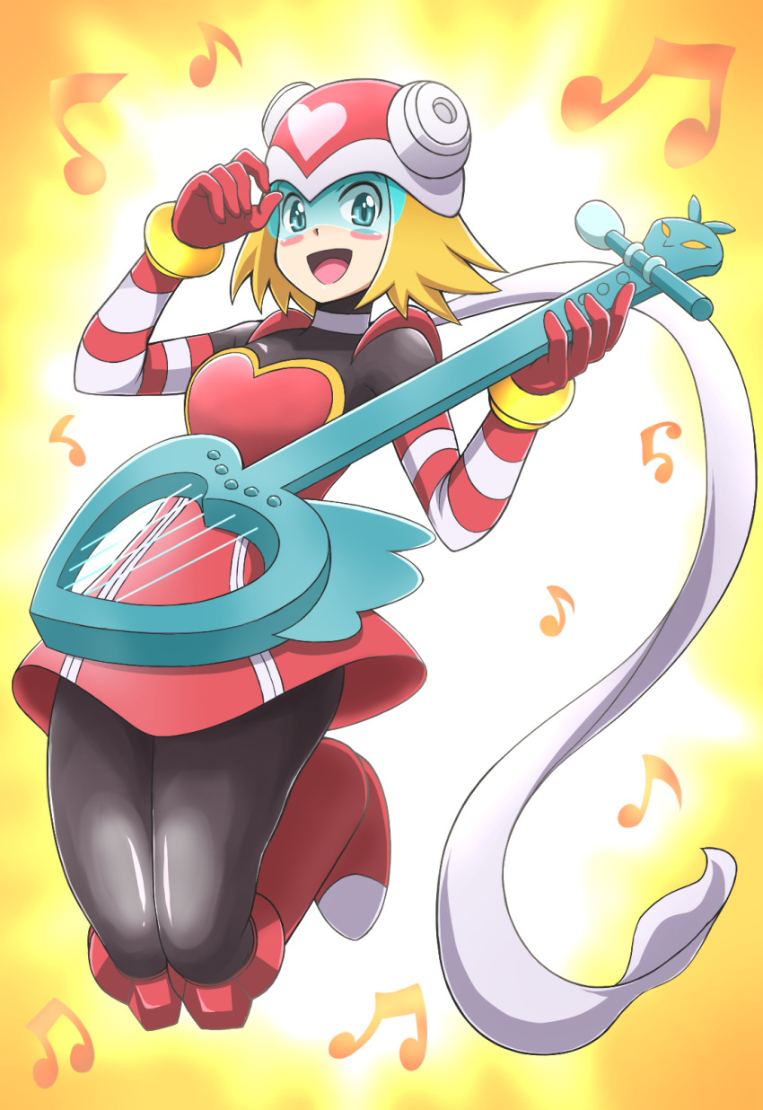 1girl blonde_hair blush boots bracelet breasts capcom gloves green_eyes guitar harp_note heart helmet hibiki_misora highres holding holding_instrument instrument jewelry legs_together musical_note noburockman open_mouth rockman ryuusei_no_rockman scarf short_hair simple_background small_breasts smile solo white_scarf