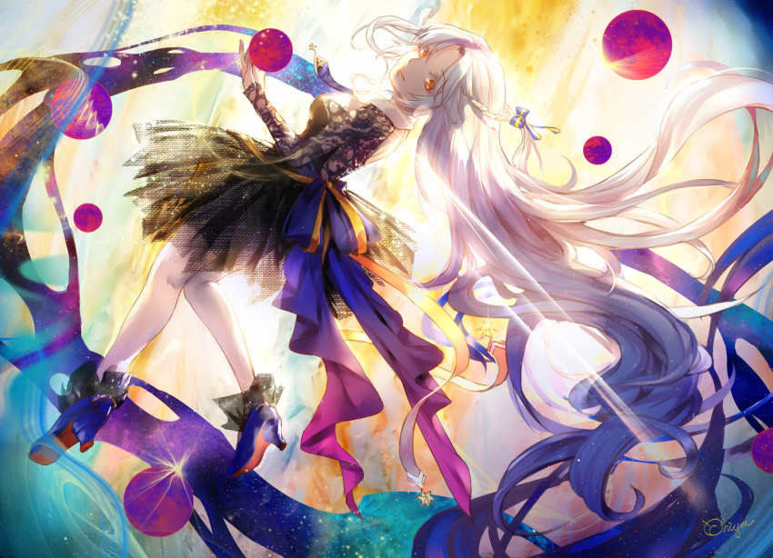 1girl artist_name black_dress blue_neckwear braid breasts dress full_body gabuccc high_heels jupiter long_hair long_sleeves looking_at_viewer looking_back medium_breasts orange_eyes orb original planet signature solo very_long_hair white_hair