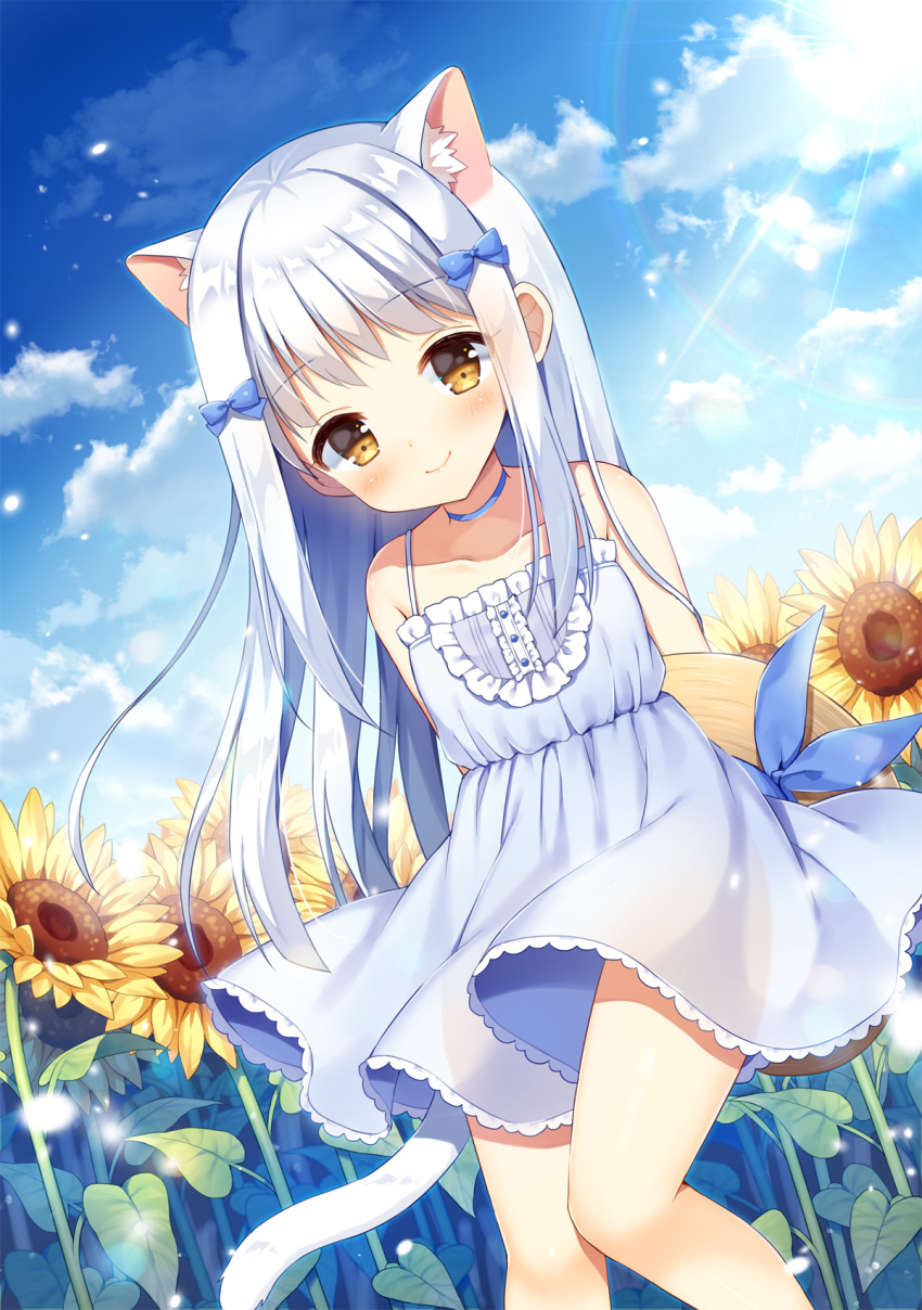 1girl animal_ear_fluff animal_ears arms_behind_back bangs bare_shoulders blue_choker blue_dress blue_sky blush bow brown_eyes brown_headwear cat_ears cat_girl cat_tail choker closed_mouth cloud cloudy_sky collarbone commentary_request day dress dutch_angle eyebrows_visible_through_hair field flower flower_field hair_bow hat hat_removed headwear_removed highres holding holding_hat long_hair mauve original outdoors red_bow sky sleeveless sleeveless_dress smile solo sun_hat sunflower sunlight tail white_hair yellow_flower