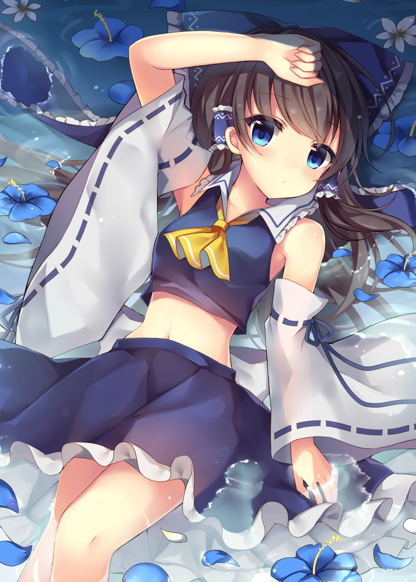 1girl absurdres alternate_color arm_up armpits ascot bare_legs bare_shoulders black_hair blue_eyes blue_flower blue_shirt blue_skirt blush bow breasts closed_mouth crop_top detached_sleeves flower hair_bow hair_tubes hakurei_reimu highres long_hair looking_at_viewer lying midriff navel on_back partially_submerged petals player_2 ruhika shirt skirt small_breasts solo touhou water white_flower wide_sleeves wing_collar yellow_neckwear