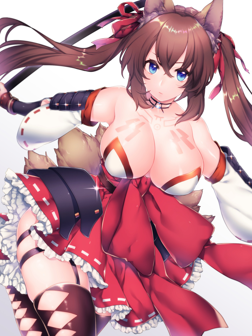 1girl absurdres animal_ears black_legwear blue_eyes bow breasts brown_hair caleen_keemosn chest_tattoo choker cleavage closed_mouth cowboy_shot detached_sleeves expressionless fox_ears fox_tail frills hair_bow highres huge_breasts long_hair looking_at_viewer multiple_tails red_bow red_skirt shiny shiny_skin simple_background skirt solo star_ocean star_ocean_anamnesis tail tattoo thighhighs twintails waist_bow white_background white_sleeves yutazou