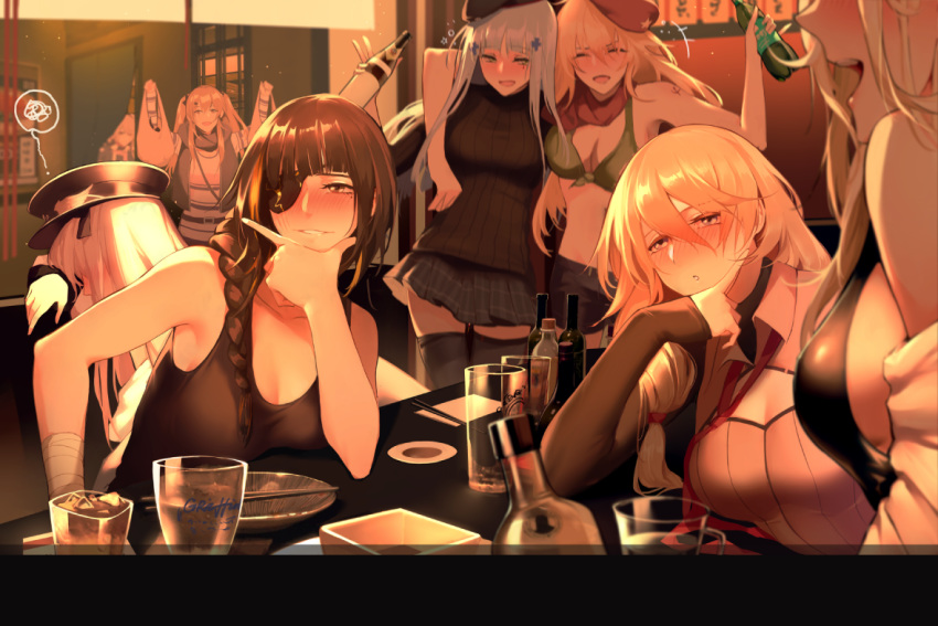 :d ^_^ a-91_(girls_frontine) ak47_(girls_frontline) alternate_costume alternate_hairstyle bag bangs beret black_hair black_headwear black_legwear black_shorts blonde_hair blue_eyes blunt_bangs blush bottle bra braid breasts brown_eyes brown_hair cleavage closed_eyes dress drunk elbow_rest eyebrows_visible_through_hair eyepatch facial_mark fingerless_gloves fur_trim girls_frontline glass gloves green_bra green_eyes grin hair_between_eyes hair_ornament hand_on_own_chin hat hk416_(girls_frontline) holding holding_bag hug iron_cross jacket jacket_on_shoulders kar98k_(girls_frontline) long_hair looking_at_viewer m16a1_(girls_frontline) medium_breasts mole mole_under_eye multicolored_hair multiple_girls one_side_up open_mouth parted_lips peaked_cap pink_hair red_scarf reroi scar scar_across_eye scarf shirt shorts side_ponytail silver_hair sitting smile st_ar-15_(girls_frontline) streaked_hair tank_top teardrop thighhighs ump9_(girls_frontline) underwear very_long_hair white_hair