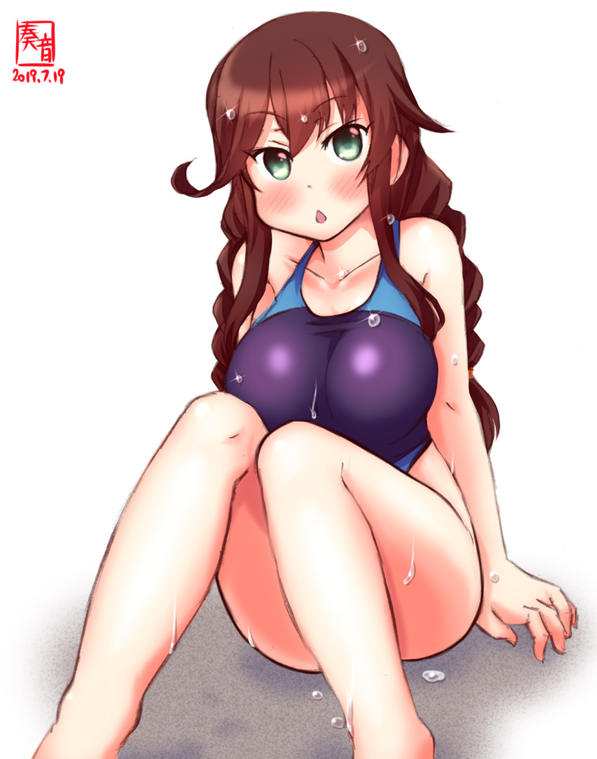 1girl alternate_costume artist_logo blue_eyes blue_swimsuit blush braid breasts brown_hair chestnut_mouth collarbone competition_swimsuit dated eyebrows_visible_through_hair feet_out_of_frame hair_between_eyes hair_over_shoulder highleg highleg_swimsuit highres kanon_(kurogane_knights) kantai_collection large_breasts long_hair looking_at_viewer noshiro_(kantai_collection) one-piece_swimsuit open_mouth signature simple_background sitting solo swimsuit twin_braids wet wet_clothes wet_swimsuit white_background