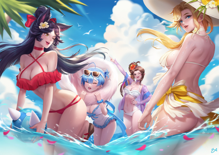 4girls ahri alternate_costume animal_ears arm_up ass ball bangs bare_shoulders beachball bikini black_hair blonde_hair blue_eyes blue_hair blush breasts brown_eyes brown_hair choker citemer cleavage closed_eyes criss-cross_halter d.va_(overwatch) eyewear_on_head facial_mark floating_hair fox_ears fox_tail frilled_bikini frilled_swimsuit frills hair_ornament hair_over_one_eye hair_ribbon halterneck highres holding holding_ball jacket large_breasts league_of_legends lips long_hair looking_at_viewer medium_breasts mercy_(overwatch) multiple_girls multiple_tails off_shoulder one_eye_closed open_clothes open_jacket open_mouth overwatch parted_lips ponytail re:zero_kara_hajimeru_isekai_seikatsu red_bikini rem_(re:zero) ribbon sandals sarong short_hair smile sunglasses swimsuit tail wading wet whisker_markings white_bikini white_swimsuit yellow_bikini yellow_eyes