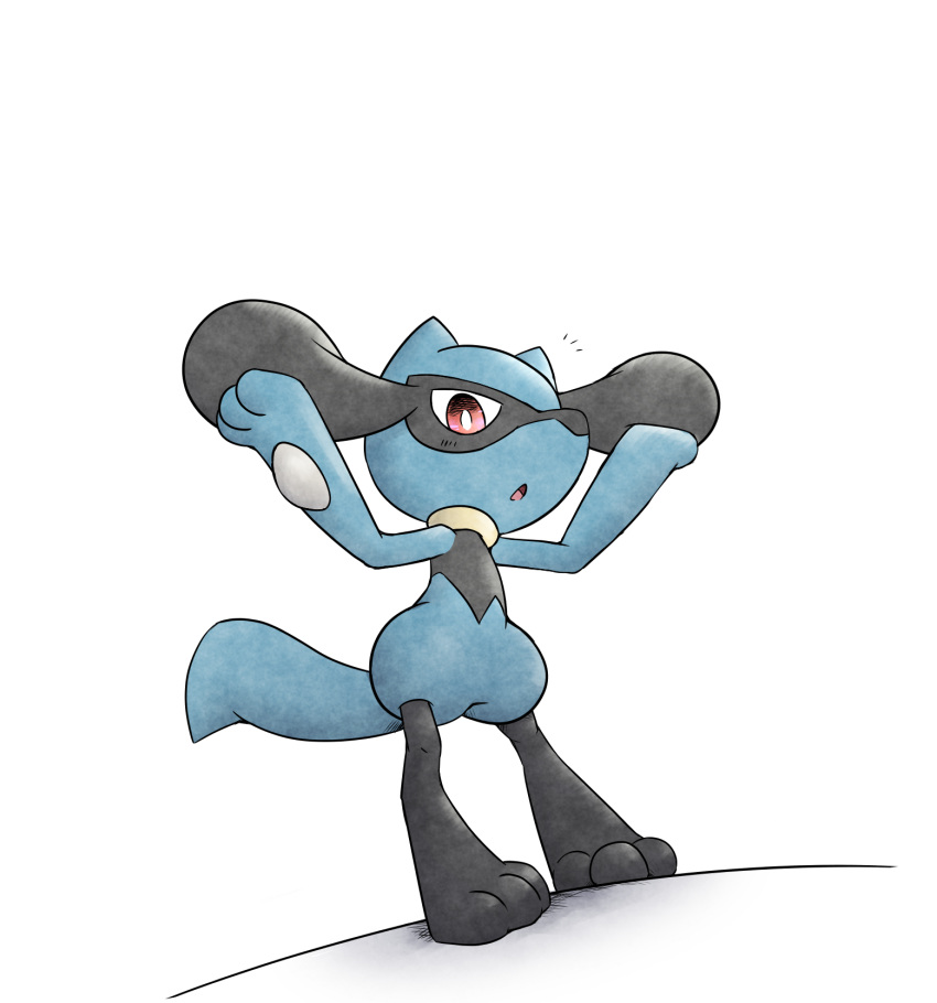 arms_up blush from_below full_body furry gen_4_pokemon highres kashiwa_(3920kashiwa) light_blush looking_at_viewer looking_down no_humans notice_lines open_mouth pokemon pokemon_(creature) red_eyes riolu simple_background solo standing white_background