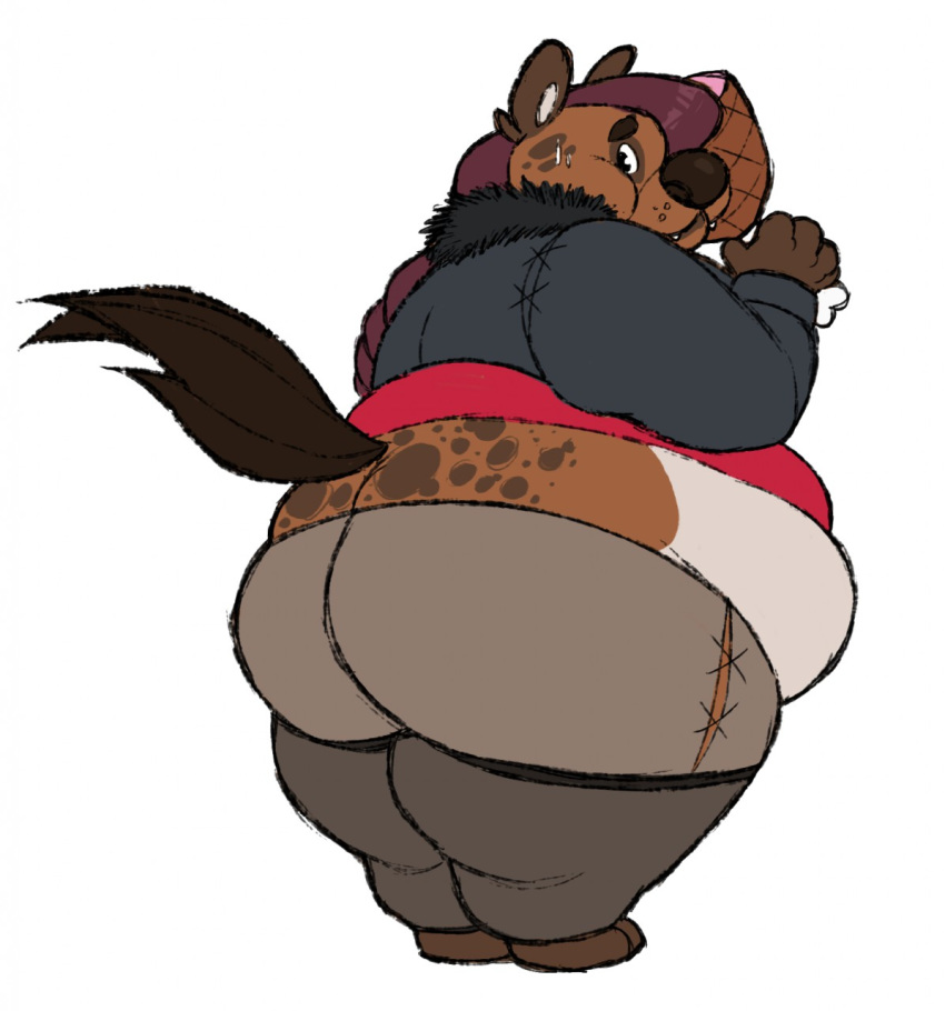 ambiguous_gender anthro belly big_belly big_butt bodily_fluids brown_fur butt chubby_cheeks clothed clothing food fur hi_res holding_food holding_object hyaenid mammal meat midriff obese overweight simple_background solo spots spotted_fur spotted_hyena standing sweat sweatdrop thetunafish thick_thighs torn_clothing white_background