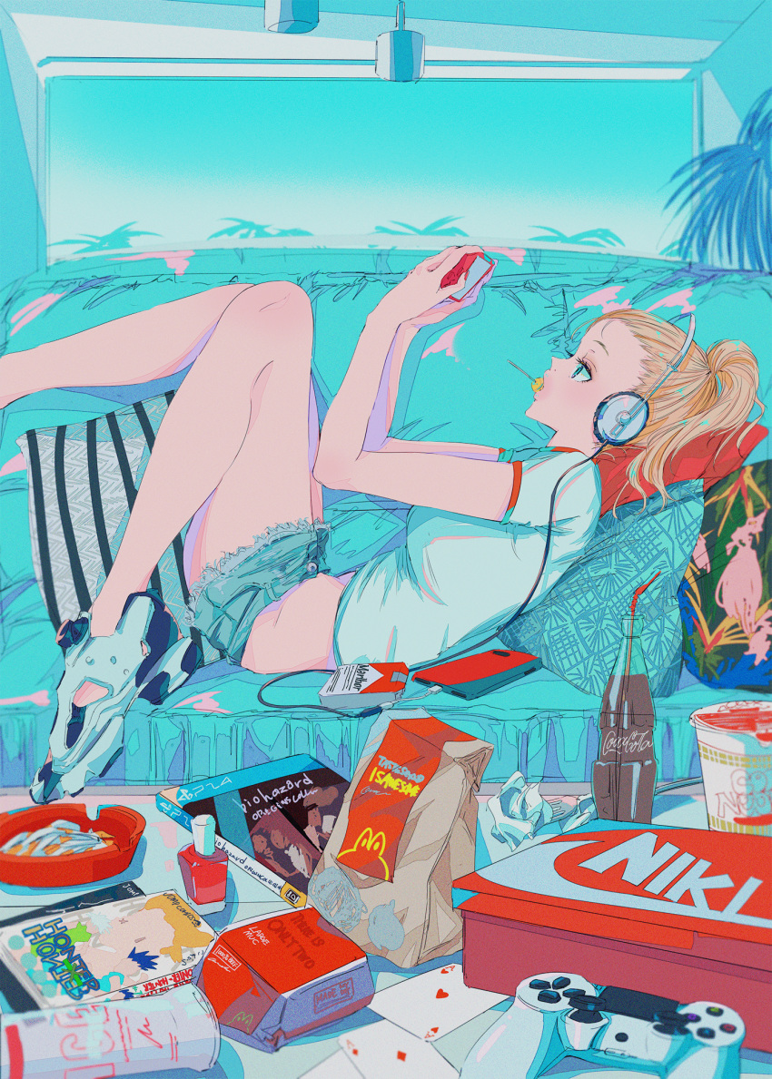 1girl ace_of_diamonds ace_of_hearts bag blonde_hair blue_eyes book brand_name_imitation candy card cellphone coca-cola commentary controller couch cup_ramen cushion denim denim_shorts english_commentary food fork from_side game_controller headphones highres hunter_x_hunter knees_up lollipop lying marlboro mcdonald's midriff mouth_hold nail_polish_bottle najuco_(naju0517) nike no_bangs on_back original paper_bag phone playing_card playing_games ponytail resident_evil shoebox shoes short_shorts short_sleeves shorts smartphone soda_bottle solo used_tissue