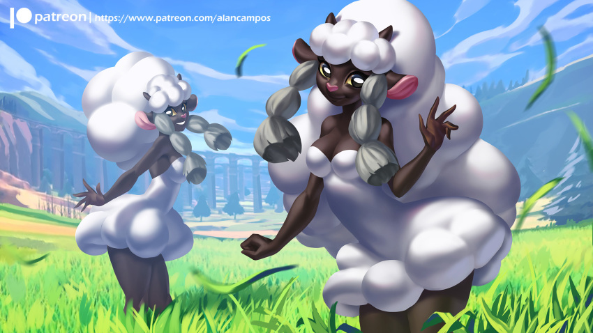 16:9 2019 alanscampos anthro anthrofied black_skin bovid caprine clothed clothing day detailed_background digital_media_(artwork) duo female fur grass hi_res horizontal_pupils horn mammal nintendo outside patreon pink_nose pok&eacute;mon pok&eacute;mon_(species) pok&eacute;morph sky url video_games wool_(fur) wooloo yellow_eyes yellow_sclera