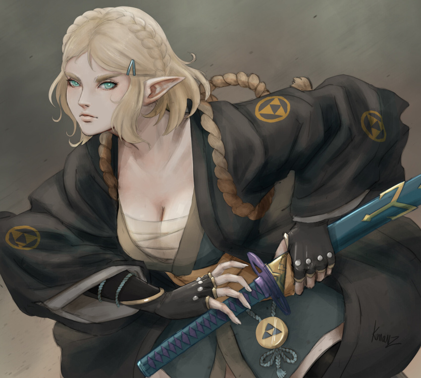 1girl artist_request blonde_hair braid breasts cleavage fingerless_gloves french_braid gloves green_eyes highres japan katana kumanz medium_breasts nintendo pointy_ears princess_zelda samurai sarashi short_hair solo sword the_legend_of_zelda the_legend_of_zelda:_breath_of_the_wild the_legend_of_zelda:_breath_of_the_wild_2 weapon wide_sleeves