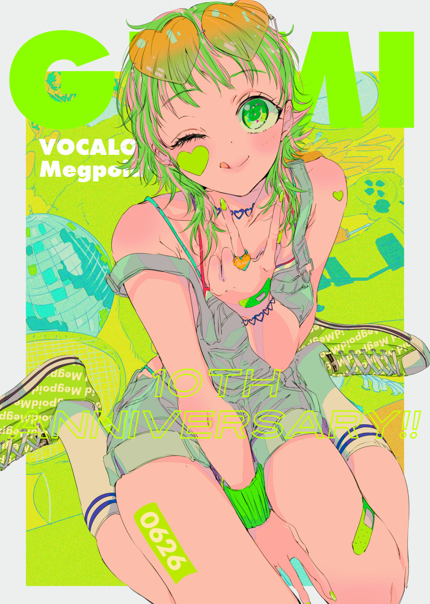 1girl ;q anniversary bandaid bandaid_on_hand bandaid_on_leg bangs between_legs character_name clothes_writing commentary_request copyright_name disco_ball eyewear_on_head facial_mark green_eyes green_footwear green_hair green_nails gumi hand_between_legs heart heart_bracelet heart_necklace heart_ring highres looking_at_viewer nail_polish najuco_(naju0517) one_eye_closed orange_eyewear overall_shorts overalls panty_straps shoes short_hair_with_long_locks sitting socks solo strap_slip sunglasses sweatband tongue tongue_out v vocaloid wariza white_legwear