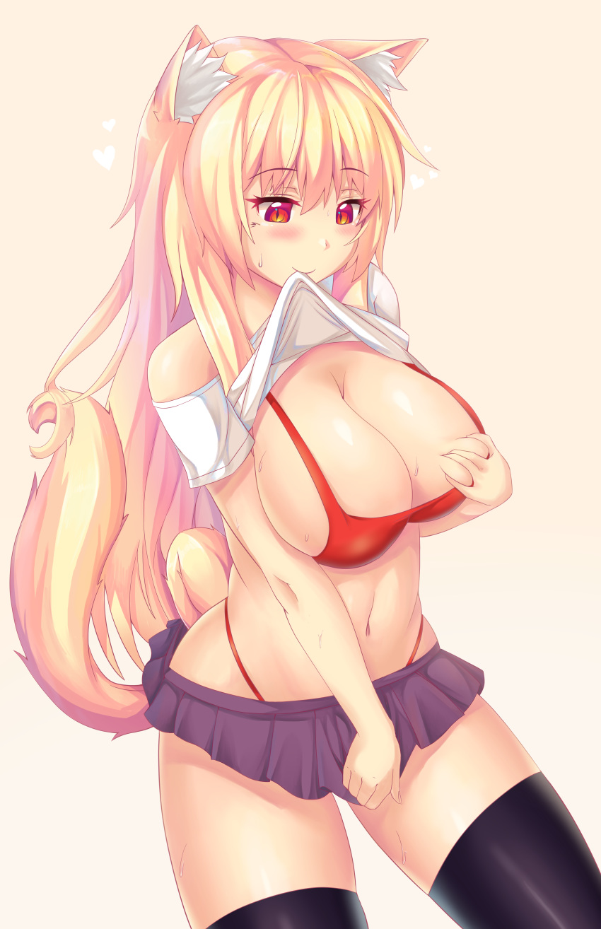 1girl absurdres animal_ear_fluff animal_ears bare_shoulders bikini black_legwear blonde_hair blue_bikini blush breasts cat_ears cleavage commentary copyright_request english_commentary eyebrows_visible_through_hair hair_between_eyes highres huge_breasts kaptivate long_hair miniskirt red_bikini red_eyes shirt simple_background skirt smile swimsuit tail thighhighs tiffy very_long_hair white_shirt yellow_background