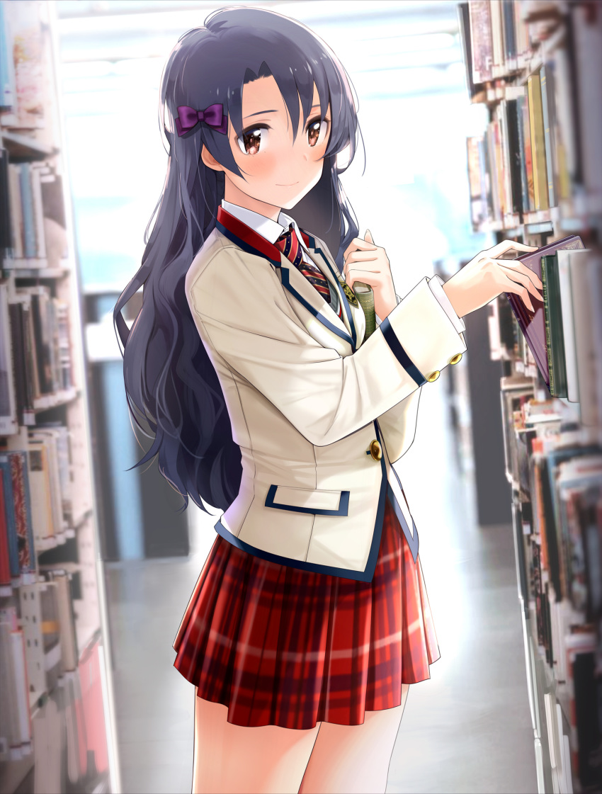 1girl black_hair blazer blush book bookshelf bow brown_eyes giba_(out-low) hair_bow highres holding holding_book idolmaster idolmaster_million_live! idolmaster_million_live!_theater_days indoors jacket library long_hair long_sleeves looking_at_viewer miniskirt necktie plaid plaid_skirt pleated_skirt purple_bow red_skirt school_uniform skirt smile solo striped striped_neckwear takayama_sayoko white_jacket