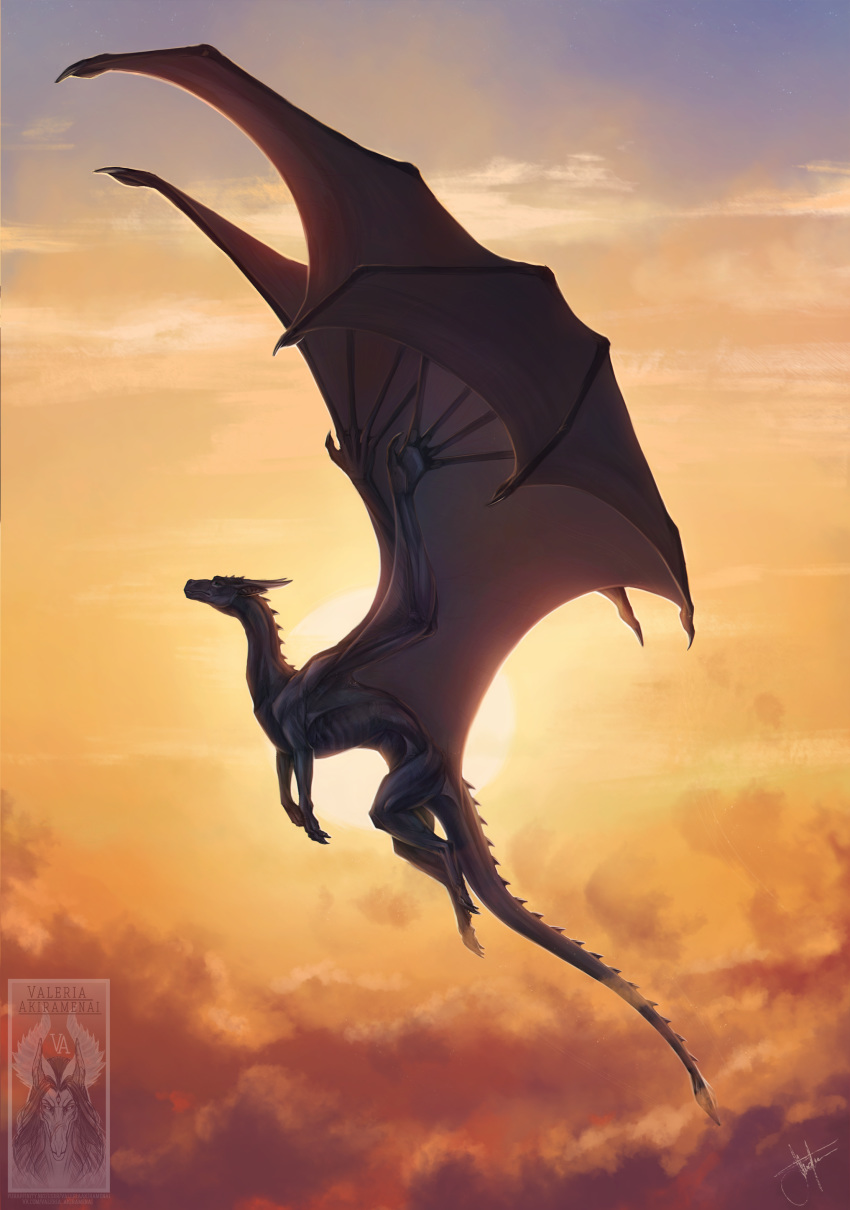 absurd_res claws cloud day dragon feral flying hi_res horn membrane_(anatomy) membranous_wings nude outside scalie sky solo spikes sun valeria_akiramenai western_dragon wings