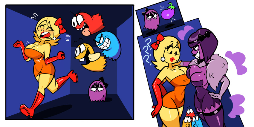 2:1 ? absurd_res accessory beauty_mark blinky_(pac-man) blonde_hair breasts cleavage clothed clothing clyde_(pac-man) digital_media_(artwork) dress eggplant female female/female food fruit ghost group hair hair_accessory hair_bow hair_ribbon hi_res humanoid humanoid_on_humanoid inky_(pac-man) lipstick long_hair makeup ms._pac-man not_furry pac-man_(series) plant purple_hair purple_skin ribbons running smile spirit sue_(pac-man) superspoe video_games yellow_skin