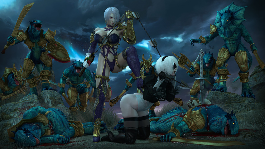 16:9 animal_humanoid asphyxiation blood blue_scales bodily_fluids breasts butt choking cleavage clothed clothing death domination featureless_crotch female hair hi_res humanoid ivy_valentine lizardman lizardman_(soul_calibur) male melee_weapon nier nier_automata night nude reptile scales scalie shield soul_calibur sword urbanator video_games weapon whip white_hair yorha_2b