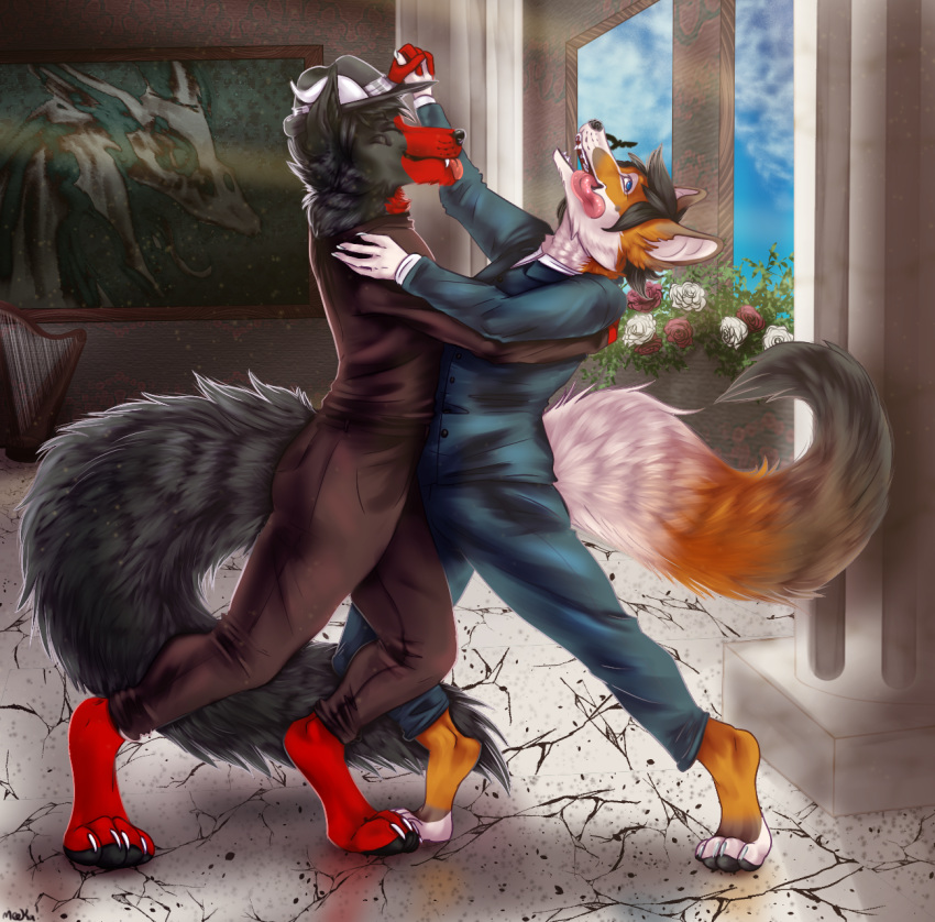 canid canid_demon canine couple_(disambiguation) dancing demon fox hellhound hi_res invalid_tag male male/male mammal meeka-kun romantic