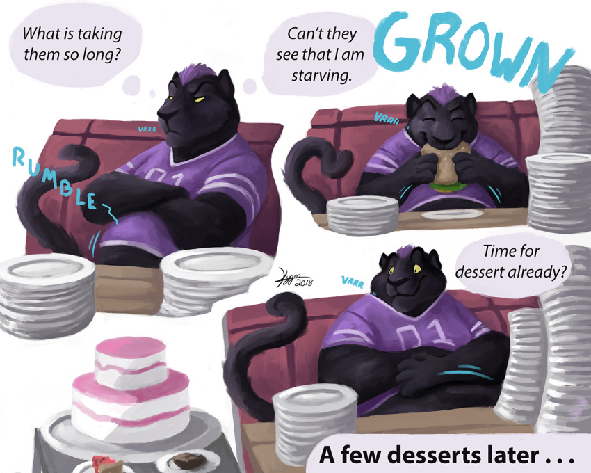 5:4 anthro belly big_belly black_fur burger cake chubby_cheeks clothed clothing comic crossed_arms eating eyes_closed felid food football_player fur hair hand_on_stomach holding_food holding_object jersey kygen male mammal overweight overweight_male pantherine plate purple_hair simple_background sitting slightly_chubby smile solo thought_bubble weight_gain white_background