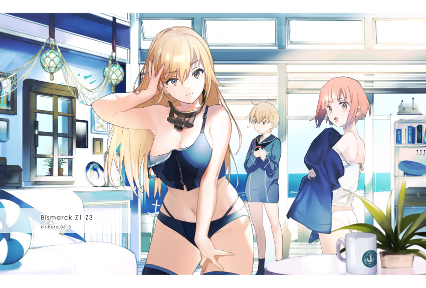 3girls bangs bismarck_(kantai_collection) blonde_hair book bookshelf breasts brown_eyes brown_hair character_name cleavage closed_mouth cup dated dress indoors kantai_collection kirihota long_hair morning mug multiple_girls navel open_mouth panties picture_frame plant sailor_collar sailor_dress short_hair signature underwear white_panties window z1_leberecht_maass_(kantai_collection) z3_max_schultz_(kantai_collection)