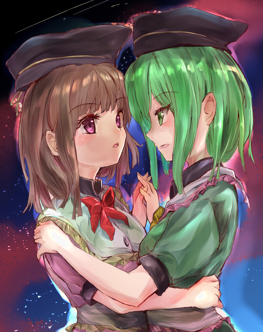 2girls absurdres aura bangs bow bowtie brown_hair cloud commentary_request dress eye_contact eyebrows_visible_through_hair green_dress green_eyes green_hair hand_on_another's_back hand_on_another's_shoulder hat highres holding_hands ikazuchi_akira interlocked_fingers looking_at_another multiple_girls nishida_satono outdoors parted_lips puffy_short_sleeves puffy_sleeves purple_dress purple_eyes red_neckwear short_hair short_sleeves sidelocks sketch sky standing star_(sky) starry_sky tate_eboshi teireida_mai touhou twilight upper_body yuri