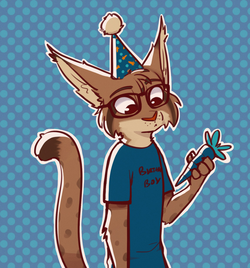 2019 ambiguous_gender anthro birthday blue_background carrot cheek_tuft clothed clothing dipstick_tail dotted_background ear_tuft elbow_tufts english_text eyewear facial_markings felid feline food fuel_(artist) fur glasses hat head_markings head_tuft headgear headwear hi_res holding_object lynx mammal markings multicolored_tail party_hat pattern_background plant simple_background solo spots spotted_fur text theblueberrycarrots_(character) tuft vegetable