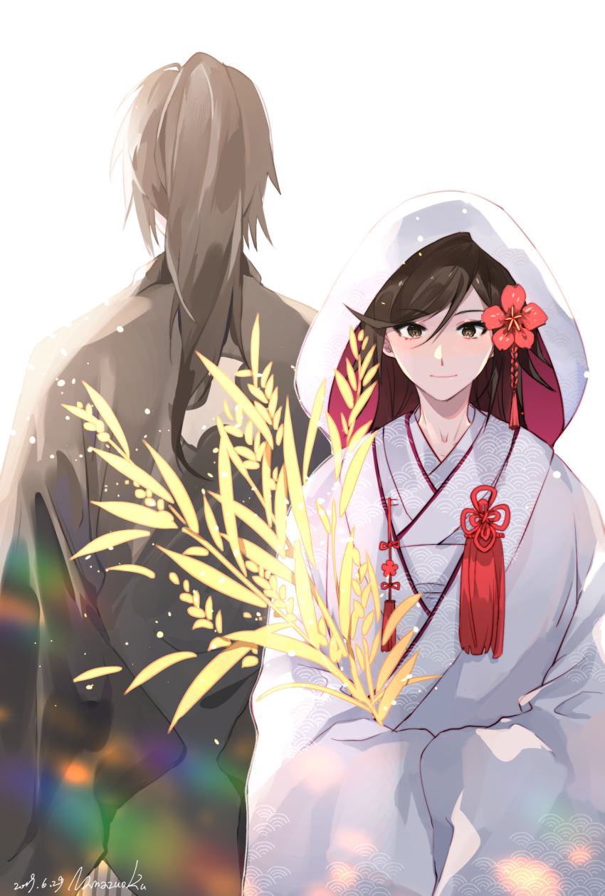 1boy 1girl artist_name black_hair brown_hair dated dororo_(character) dororo_(tezuka) facing_away flower hair_flower hair_ornament hands_together highres hood hyakkimaru_(dororo) japanese_clothes kimono light_smile long_hair long_sleeves looking_at_viewer namazuouko older ponytail simple_background wheat white_background white_kimono wide_sleeves