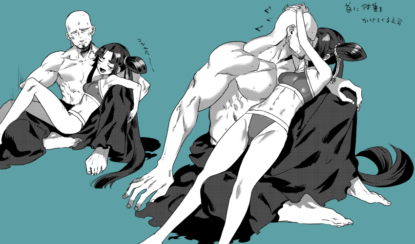 1boy 1girl abs bald barefoot breasts closed_eyes couple earrings facial_hair fate/grand_order fate_(series) girl_on_top goatee green_background head_hug height_difference hetero highres jewelry kiss long_hair monochrome musashibo_benkei_(fate/grand_order) muscle ponytail reclining rokkotsu shirtless side_bun single_strap sitting sitting_on_lap sitting_on_person small_breasts swimsuit tankini translation_request ushiwakamaru_(fate/grand_order) ushiwakamaru_(swimsuit_assassin)_(fate) very_long_hair