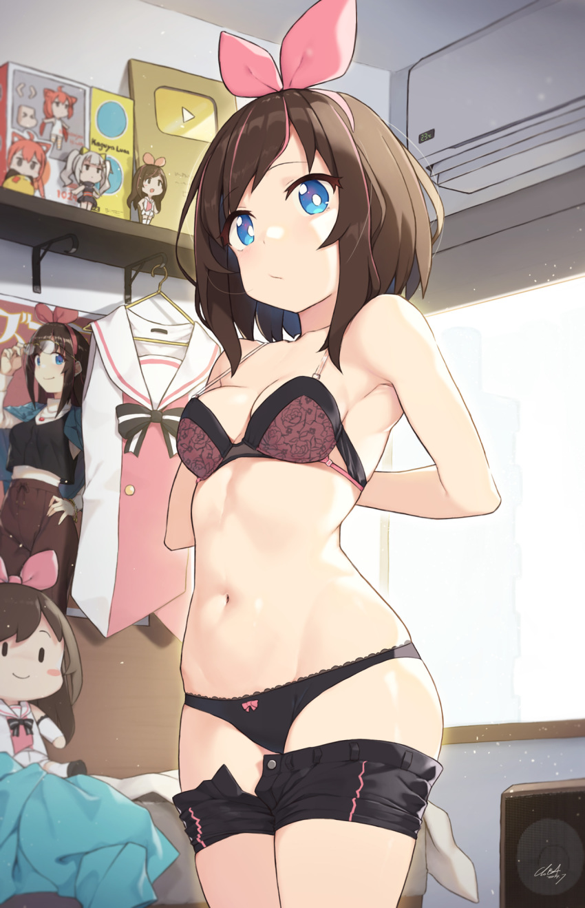 1girl a.i._channel air_conditioner armpits bare_arms bare_shoulders bed black_panties black_shorts blue_eyes blush bra breasts bright_pupils brown_hair character_doll cleavage cloba closed_mouth clothes_hanger collarbone dated day doll dressing figure hair_ribbon highres hinata_channel indoors kaguya_luna kizuna_ai looking_at_viewer multicolored_hair navel nekomiya_hinata open_clothes open_fly open_shorts panties pink_hair pink_ribbon poster_(object) purple_bra ribbon shirt short_hair short_shorts shorts shorts_pull signature small_breasts solo speaker stomach the_moon_studio trophy two-tone_hair underwear virtual_youtuber white_shirt window