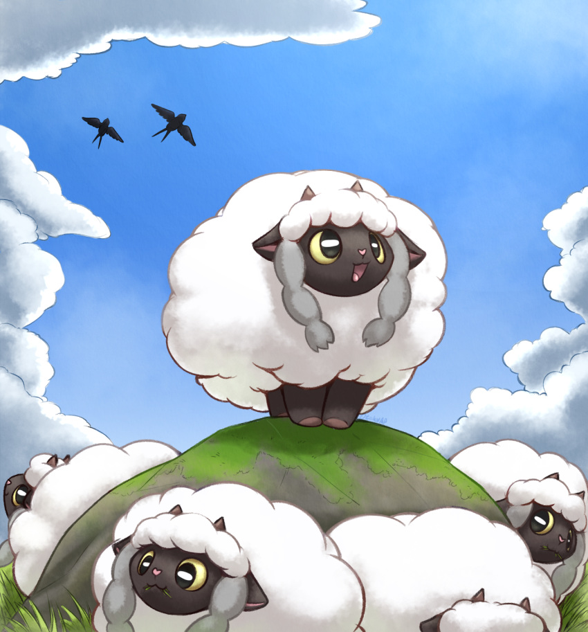 ambient_bird ambiguous_gender avian bird bovid caprine cloud feral fur group hi_res horizontal_pupils horn mammal nintendo open_mouth open_smile otakuap outside pigtails pink_nose pok&eacute;mon pok&eacute;mon_(species) rock sky smile video_games wool_(fur) wooloo yellow_sclera