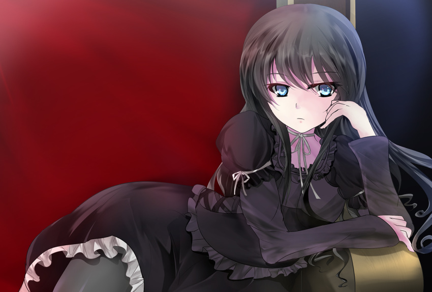 1girl arm_ribbon black_dress black_hair blue_eyes choker closed_mouth discharge_view dress eyebrows_visible_through_hair frilled_dress frills frown gothic_lolita grey_legwear grey_ribbon hair_between_eyes lolita_fashion long_hair long_sleeves looking_at_viewer minamiya_natsuki pantyhose ribbon ribbon_choker solo strike_the_blood very_long_hair