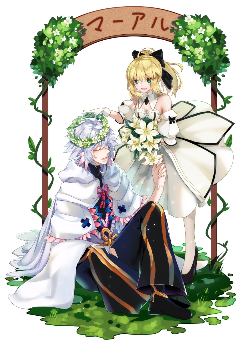 1boy 1girl :d absurdres ahoge artoria_pendragon_(all) bangs black_bow black_footwear black_pants blonde_hair bouquet bow breasts cleavage closed_eyes detached_collar detached_sleeves dress eyebrows_visible_through_hair fate/unlimited_codes fate_(series) floating_hair flower full_body gloves green_eyes hair_between_eyes hair_bow head_wreath high_heels highres holding holding_bouquet kotatsu_kaya long_hair medium_breasts merlin_(fate) open_mouth pants ponytail pumps saber_lily short_sleeves silver_hair sleeveless sleeveless_dress smile strapless strapless_dress white_background white_dress white_flower white_gloves white_legwear white_sleeves