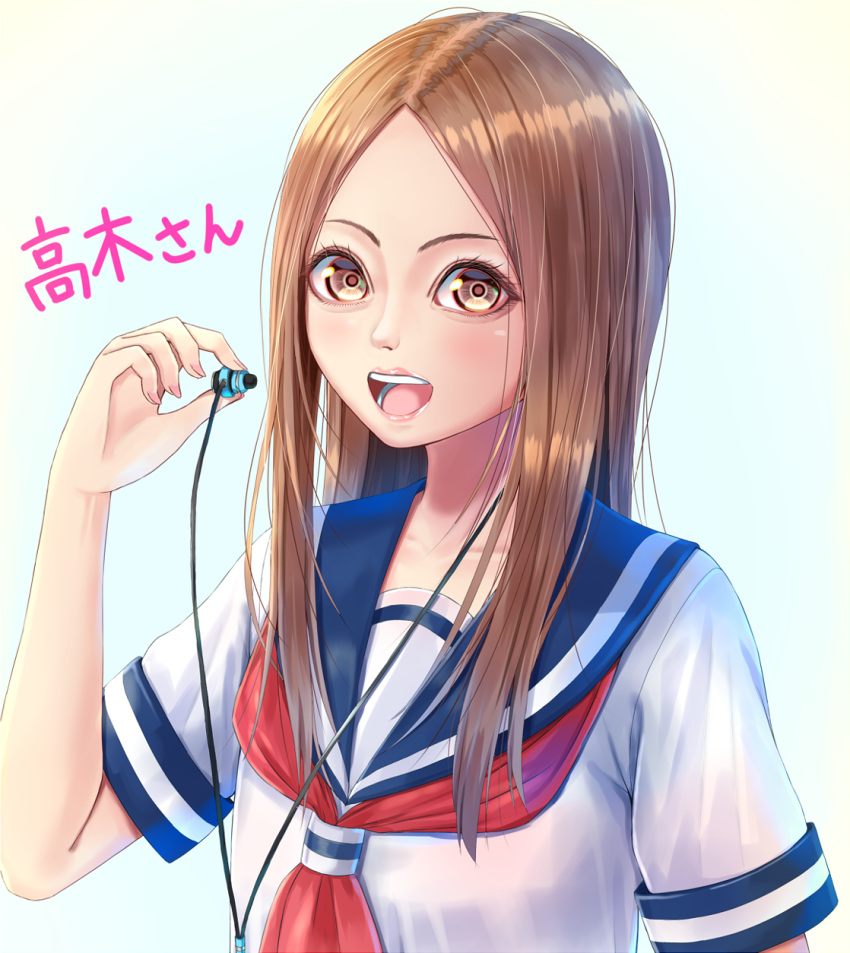 1girl amagami_rukichi blue_background brown_eyes brown_hair commentary earbuds earphones highres karakai_jouzu_no_takagi-san long_hair looking_at_viewer open_mouth school_uniform serafuku shirt short_sleeves simple_background solo takagi-san upper_body white_shirt