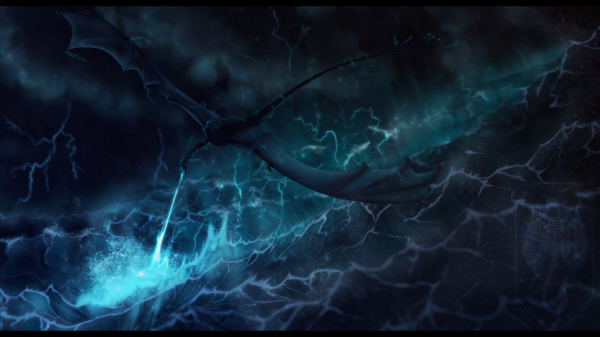 2019 black_bars detailed_background digital_media_(artwork) dragon feral flying hi_res membrane_(anatomy) membranous_wings night open_mouth outside scalie sinistereternity solo storm water western_dragon wings