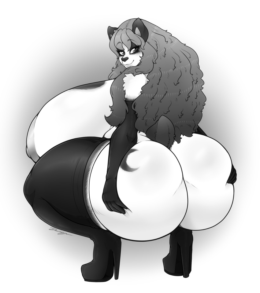 alexaxes anthro big_breasts big_butt breasts butt clothing crouching female giant_panda greyscale hi_res huge_breasts huge_butt hyper hyper_breasts legwear looking_back mammal monochrome nipples smile solo thigh_highs ursid