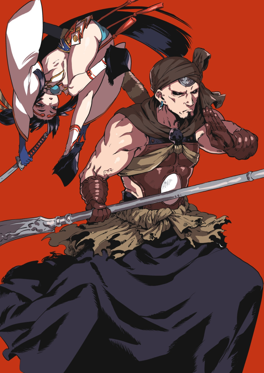 1boy 1girl ass bandana black_hair black_sclera blue_gloves blue_panties breastplate breasts brown_gloves circlet detached_sleeves earrings facial_hair fate/grand_order fate_(series) fighting_stance forehead_protector geta glaive gloves goatee hair_bun highres holding holding_sword holding_weapon jewelry katana long_hair musashibo_benkei_(fate/grand_order) muscle panties pantyshot red_background rokkotsu sleeveless small_breasts stomach sword tengu-geta twintails underwear upside-down ushiwakamaru_(fate/grand_order) very_long_hair weapon wide_sleeves