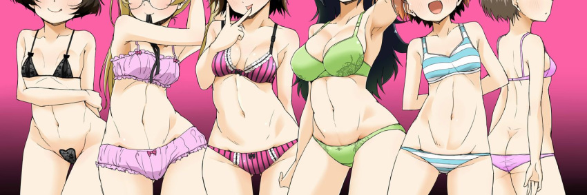 5girls 6+girls :d :p :q arm_behind_back arm_grab arm_up armpits arms_behind_back ass ass_visible_through_thighs back bangs black_bra black_eyes black_hair black_panties black_ribbon blue_bra blue_hair blue_panties blush bow bow_bra bow_panties bra breasts brown_eyes brown_hair butt_crack c-string cleavage closed_mouth crotch_seam facing_viewer fang finger_licking freckles frilled_bra frilled_panties frills from_behind girls_und_panzer glasses gradient gradient_background green_bra green_panties groin hair_ribbon hair_tie_in_mouth hands_in_hair head_out_of_frame head_tilt leaning_to_the_side licking light_frown long_hair lowleg lowleg_panties maruyama_saki medium_breasts micro_bra mouth_hold multiple_girls nana_(manaita_koumuten) navel oono_aya open_mouth panties pink_background pink_bra pink_panties purple_bra purple_panties ribbon round_eyewear sakaguchi_karina sawa_azusa short_hair side-by-side skin_fang skindentation small_breasts smile standing striped striped_bra striped_panties thigh_gap thighs tongue tongue_out underwear underwear_only utsugi_yuuki v vertical-striped_bra vertical-striped_panties vertical_stripes yamagou_ayumi