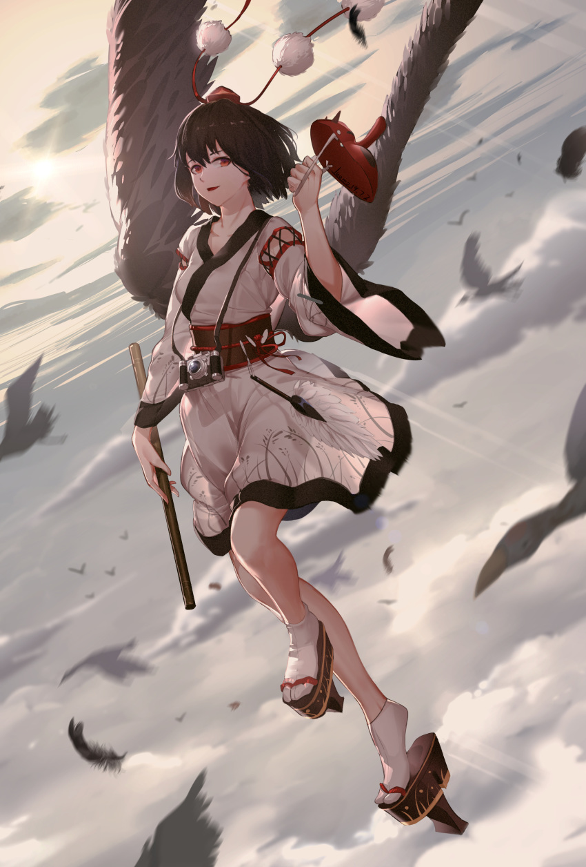 1girl above_clouds absurdres artist_name bird bird_wings black_hair camera chinese_commentary cloud commentary_request dated detached_sleeves dutch_angle english_commentary feather_fan feathered_wings feathers floating geta hair_between_eyes hat highres holding holding_mask holding_stick kourindou_tengu_costume leg_lift luomo mask mixed-language_commentary motion_blur obi parted_lips pom_pom_(clothes) red_eyes sash shameimaru_aya short_hair sky solo standing tabi tengu-geta tengu_mask tokin_hat touhou white_legwear wings