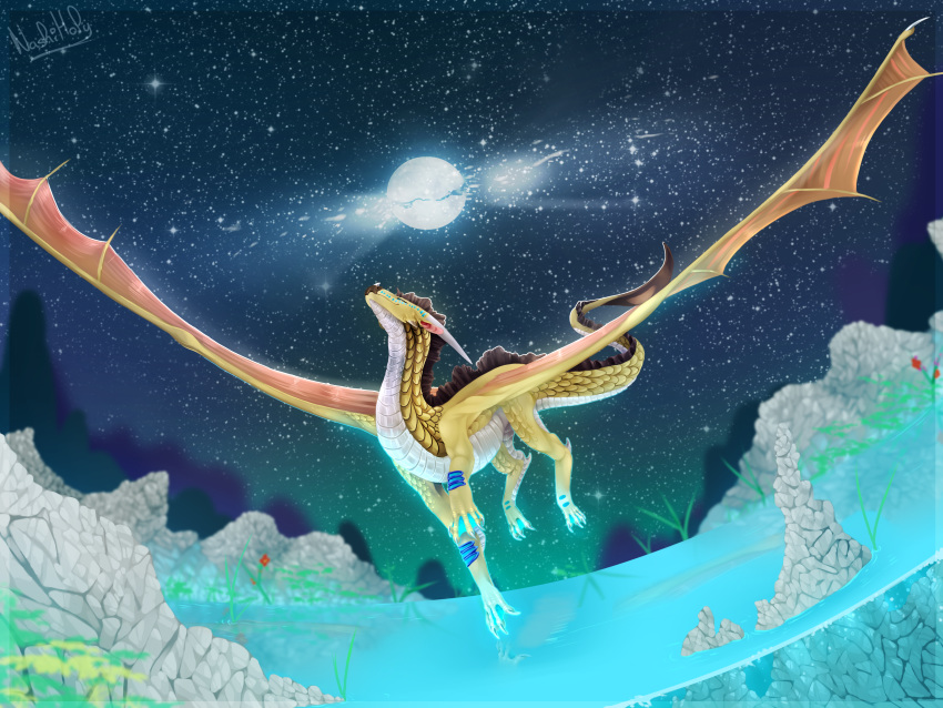 2019 4:3 absurd_res claws detailed_background dragon feral flying hi_res horn membrane_(anatomy) membranous_wings moon nashiholy night outside scales scalie sky solo spines star starry_sky western_dragon wings yellow_scales