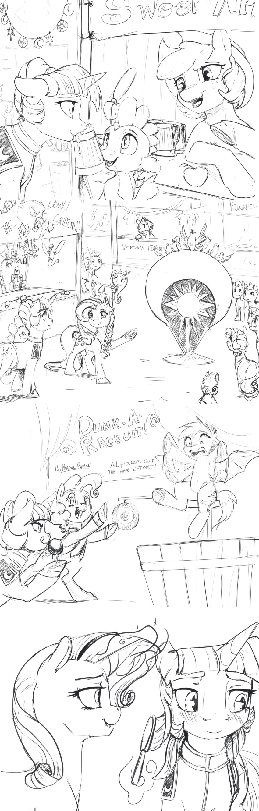 absurd_res applejack_(mlp) blush brush cider comic dragon dunk_tank equid equine fluttershy_(mlp) friendship_is_magic hairbrush hi_res horse mammal monochrome my_little_pony pinkie_pie_(mlp) pony pterippus rainbow_dash_(mlp) rarity_(mlp) silfoe sketch spike_(mlp) twilight_sparkle_(mlp) wings