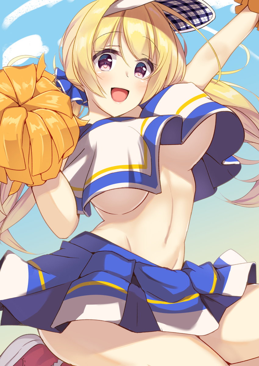 1girl :d absurdres alternate_costume arm_up blonde_hair blue_sky breasts cheerleader cloud commentary_request crop_top crop_top_overhang day hakoniwa-boxer hand_up highres hip_focus jumping large_breasts legs lena_liechtenauer long_hair looking_at_viewer navel no_bra open_mouth partial_commentary pom_poms purple_eyes scrunchie senren_banka shoes sky smile sneakers solo thighs twintails visor yuzu-soft