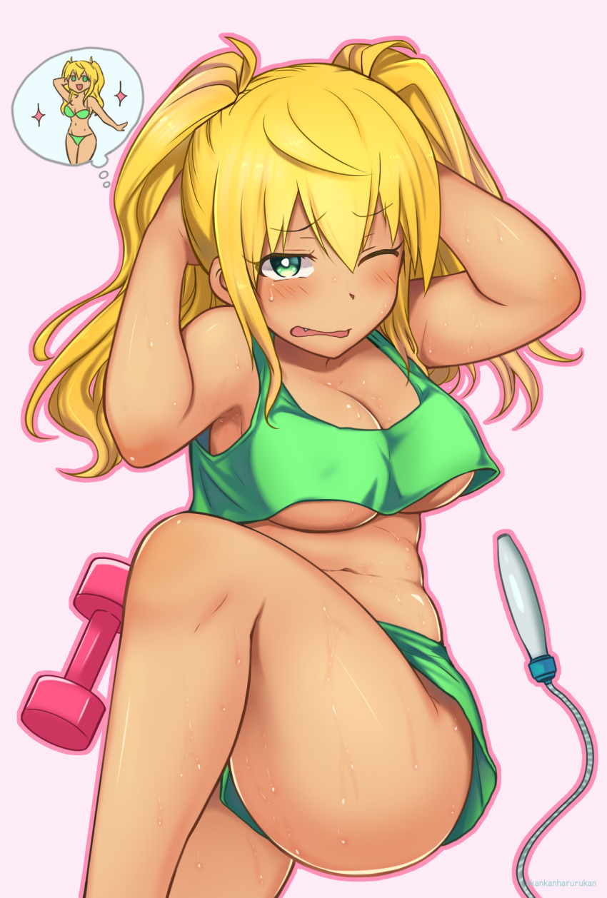 1girl arms_behind_head ass bikini blonde_hair blush breasts cleavage commentary_request cowboy_shot crop_top crop_top_overhang danberu_nan_kiro_moteru? dark_skin dumbbell fang from_above ganguro green_eyes haruka_(yakitoritabetai) highres jump_rope knee_up legs long_hair looking_at_viewer navel one_eye_closed pink_background pink_outline sakura_hibiki_(danberu_nan_kiro_moteru?) shorts sit-up solo stomach sweat swimsuit thighs thought_bubble twintails twitter_username underboob