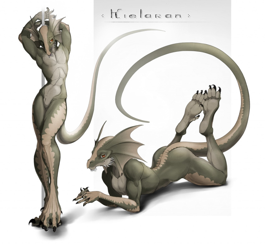 5_toes animal_genitalia anthro beard claws digitigrade ear_fins facial_hair fin genital_slit gigren_(artist) green_scales lizard long_tail looking_at_viewer male multiple_poses nude orange_eyes pole pose reptile scales scalie slit smile soles solo toe_claws toes