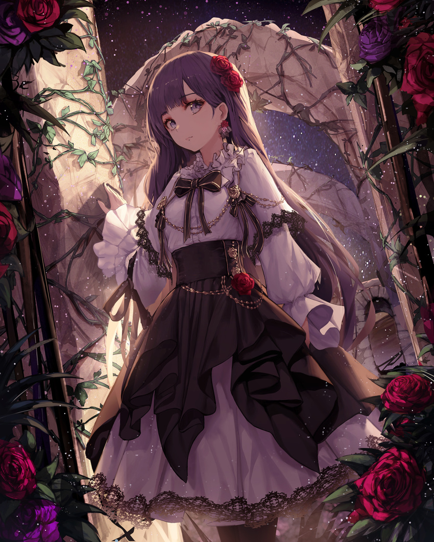 1girl arm_behind_back bangs bow bowtie breasts commentary_request dress earrings flower gothic_lolita hair_flower hair_ornament highres jewelry lolita_fashion long_hair looking_at_viewer night night_sky original outdoors pillar plant purple_eyes purple_flower purple_hair purple_rose red_flower red_rose ribbon rose sky small_breasts solo standing star vines yohaku