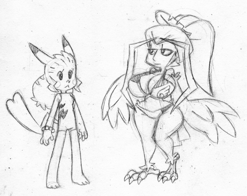 alternate_species animal_humanoid avian big_breasts bikini breasts cleft_tail clothing duo feathered_wings feathers female harpy hi_res humanoid humanoidized mammal nintendo one-piece_swimsuit pidgeot pikachu pok&eacute;mon pok&eacute;mon_(species) praiz simple_background sketch swimwear talons video_games white_background winged_humanoid wings