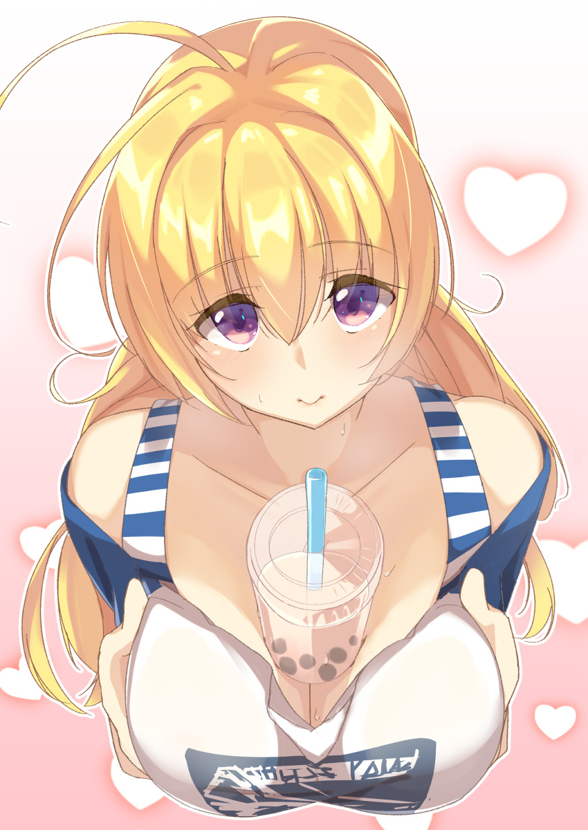 1girl absurdres ahoge between_breasts blonde_hair breast_hold breasts bubble_tea bubble_tea_challenge collarbone commentary_request cup disposable_cup drinking_straw from_above hakoniwa-boxer heart heart_background highres large_breasts lena_liechtenauer looking_at_viewer off-shoulder_shirt off_shoulder pink_background purple_eyes raglan_sleeves senren_banka shirt solo striped striped_shirt sweat yuzu-soft
