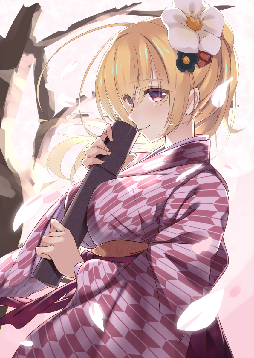 1girl absurdres ahoge alternate_hairstyle between_breasts blonde_hair blurry branch breasts case cherry_blossoms commentary_request depth_of_field falling_petals fingernails flower from_side glowing_petals graduation hair_blowing hair_flower hair_ornament hakama hakoniwa-boxer highres japanese_clothes kimono lena_liechtenauer lips long_hair looking_at_viewer obi petals purple_eyes sash senren_banka smile solo tree upper_body wide_sleeves yagasuri yuzu-soft