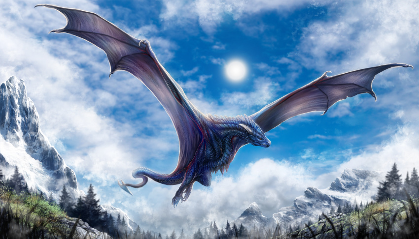 2019 ambiguous_gender blue_scales claws day detailed_background dragon feral flying hi_res horn isvoc membrane_(anatomy) membranous_wings outside scales sky sun wings wyvern