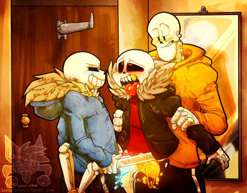 alternate_universe animated_skeleton blue_penis bone brother brothers clothed clothed_sex clothing group humanoid incest lizheru male male/male not_furry orange_penis papyrus_(undertale) penis red_tongue sans_(underfell) sans_(undertale) selfcest sex sibling skeleton square_crossover tongue undead underfell undertale video_games