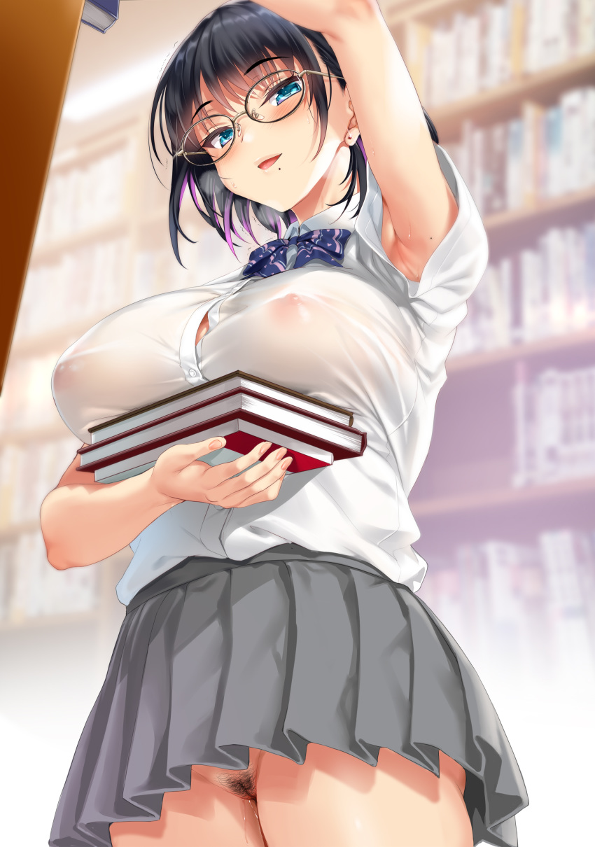 1girl :d :o absurdres armpits bangs black-framed_eyewear black_hair blue_eyes blush book book_stack bookshelf bow bowtie breast_hold breast_rest breasts button_gap collared_shirt covered_nipples earrings eyebrows_visible_through_hair fantia_reward fingernails from_below glasses glint grey_skirt groin hand_up highres holding holding_book indoors jewelry kure_masahiro large_breasts library lips looking_at_viewer mole mole_on_arm mole_under_mouth multicolored_hair nail_polish no_bra no_panties open_mouth original paid_reward parted_lips pink_nails plaid_neckwear pleated_skirt pubic_hair purple_hair purple_neckwear pussy pussy_juice school_uniform see-through shirt shirt_tucked_in short_hair short_sleeves sidelocks skirt smile solo streaked_hair stud_earrings underwear upskirt white_shirt